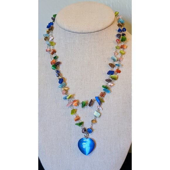Blue Glass Heart Double Strand Glass Chip Beaded Necklace - Picture 6 of 7